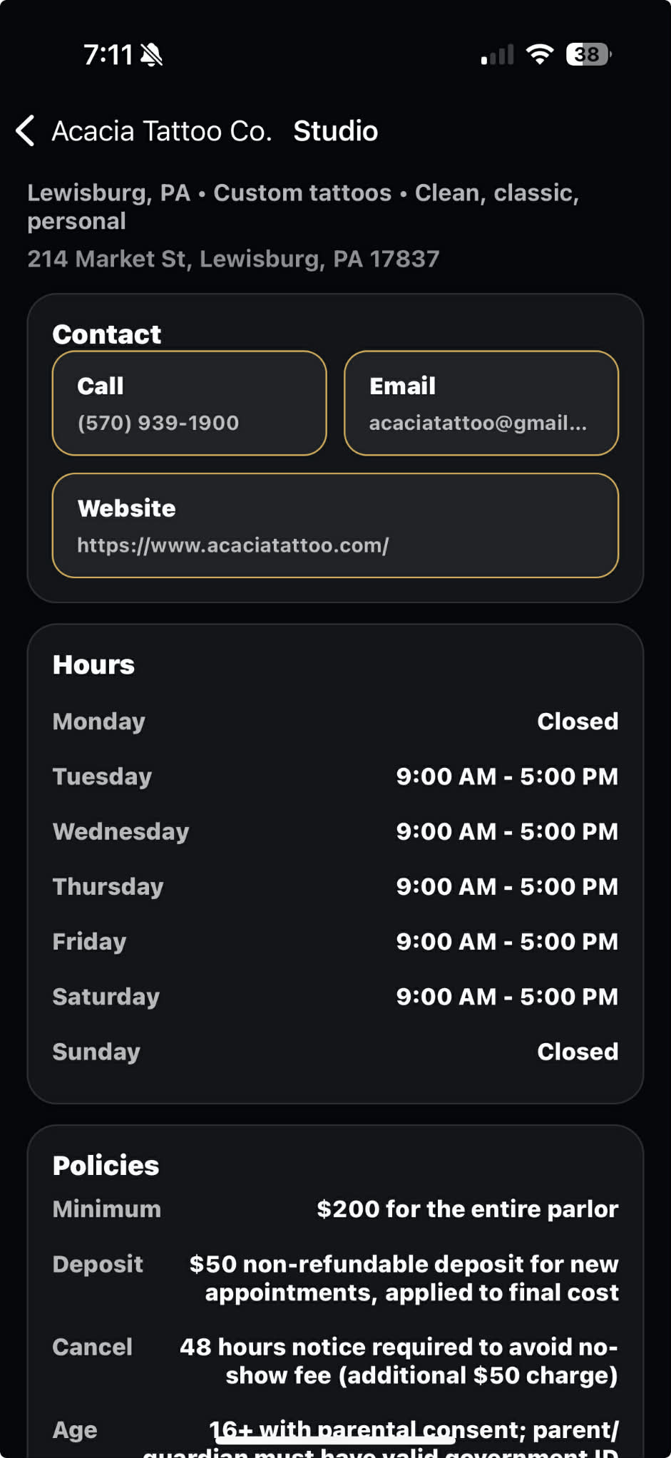 Acacia Tattoo Studio space